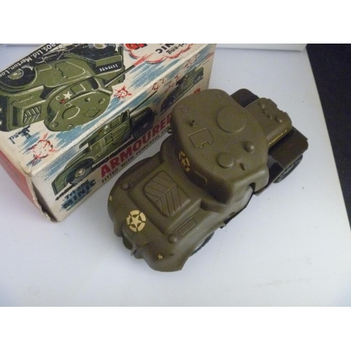 44 - TRIANG MINIC (NO KEY UNTESTED) ARMOURED CAR BOX A/F LACKS GUN BARREL