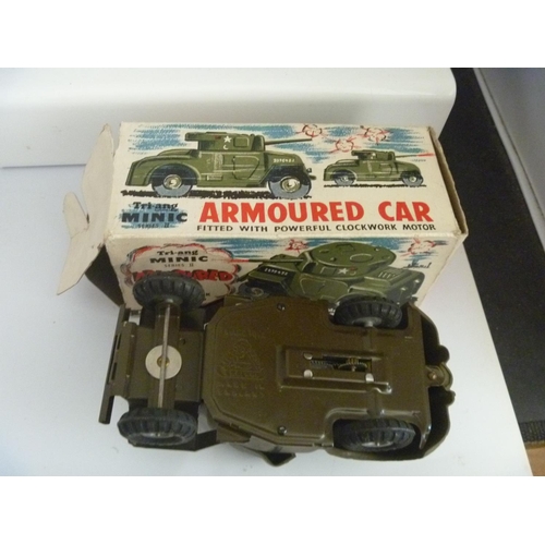 44 - TRIANG MINIC (NO KEY UNTESTED) ARMOURED CAR BOX A/F LACKS GUN BARREL