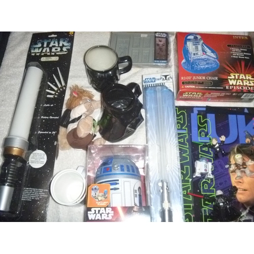 68 - qty star wars merchandise, light sabers, bend 'ems, bathroom tidy,