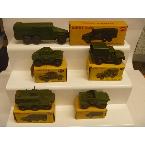 DINKY TOYS ARMY MILITARY BOXED MODELS x5 SOME FLAPS MISSING FROM BOXES