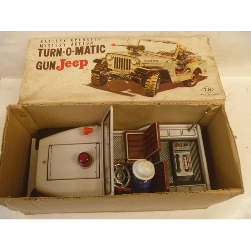 TINPLATE BATTERY OPERATED JEEP JAPAN BY TN NOMURA - FUNCTION UNTESTED BUT VEHICLE AND VISIBLY BATTERY COMPARTMENT IN VGC