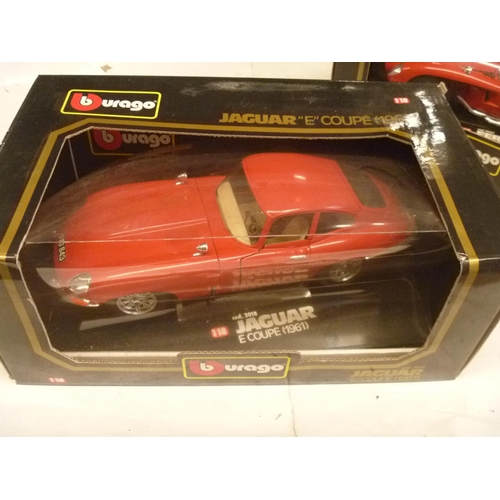 160 - 2 BOXED BURAGO FERRARI AND JAGUAR (DOOR CARD AND SMALL PARTS OBSERVED DETACHED)