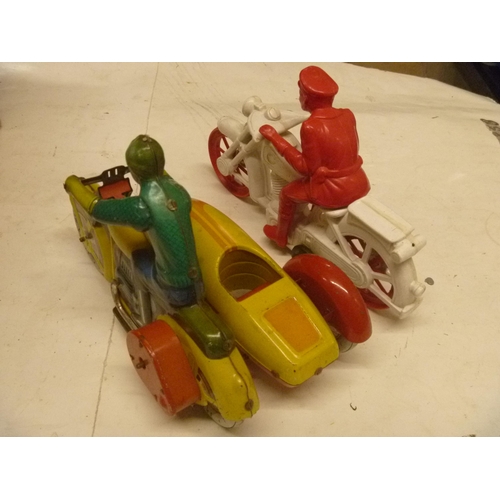 165 - DIBRO PLASTIC MOTORCYCLE AND RUSSIAN MADE ? TINPLATE MOTORCYCLE WITH SIDECAR