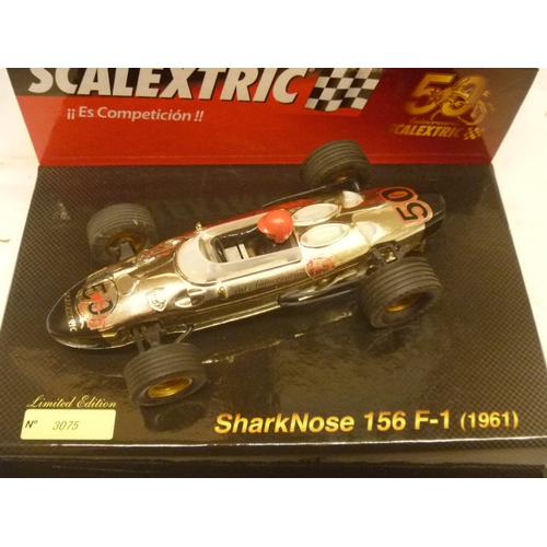 220 - SCALEXTRIC SLOT CAR - FERRARI SHARKNOSE - GOLD MODEL HAS BROKEN EXHAUST AND RELATED GLUE REPAIR (SLO... 