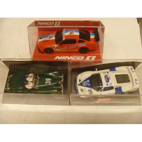 268 - NINCO SLOT CAR - 3 MODELS INCLUDING FERRARI JAGUAR XK AND FORD MUSTANG (SLOT CARS HAVE BEEN REMOVED ... 