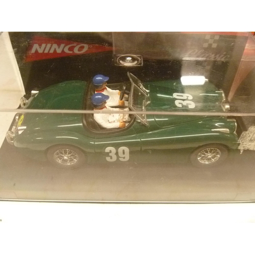 268 - NINCO SLOT CAR - 3 MODELS INCLUDING FERRARI JAGUAR XK AND FORD MUSTANG (SLOT CARS HAVE BEEN REMOVED ... 