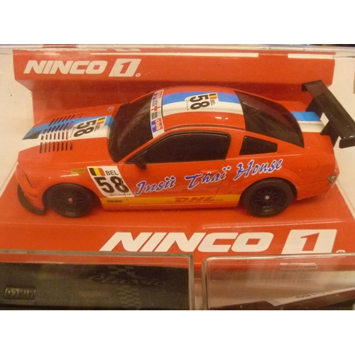 268 - NINCO SLOT CAR - 3 MODELS INCLUDING FERRARI JAGUAR XK AND FORD MUSTANG (SLOT CARS HAVE BEEN REMOVED ... 