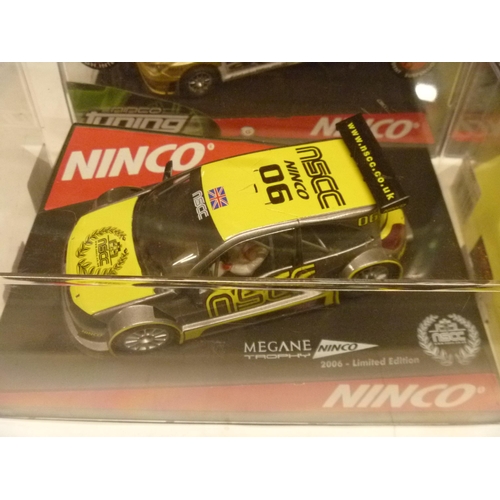 270 - NINCO SLOT CAR - 4 MODELS INCLUDING RENAULT MEGANE JAGUAR XK AND SUBARU (SLOT CARS HAVE BEEN REMOVED... 