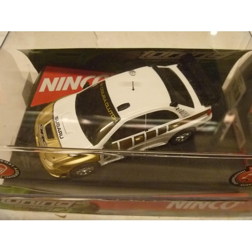 270 - NINCO SLOT CAR - 4 MODELS INCLUDING RENAULT MEGANE JAGUAR XK AND SUBARU (SLOT CARS HAVE BEEN REMOVED... 