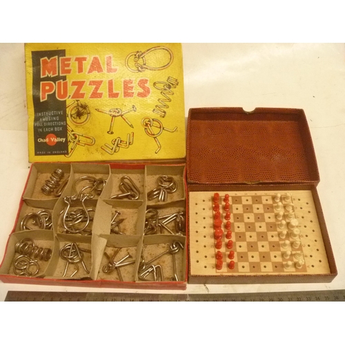105 - VINTAGE CHAD VALLEY METAL PUZZLES AND TRAVEL CHESS GAME