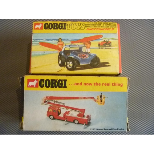 123 - 2 VINTAGE ORIGINAL CORGI TOYS GP BEACH BUGGY AND FIRE BUG (DIECAST VERY GOOD, BOXES GOOD BUT WITH TO... 