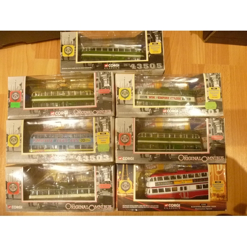 143 - 7 CORGI BLACKPOOL BALLOON TRAMS (SOME UNSECURED FROM THE INTERNAL PACKAGING - POSSIBLY DUE TO PREVIO... 