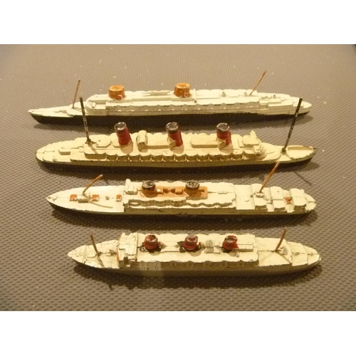 155 - ORIGINAL ENGLISH DINKY TOYS SHIPS x3 + ANOTHER HOLLOWCAST LEAD QUEEN MARY