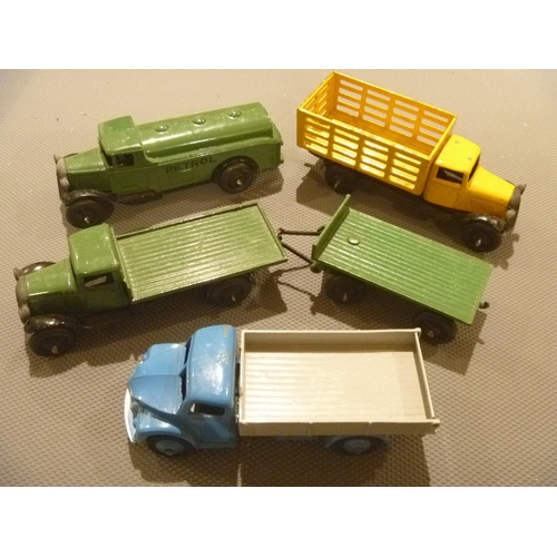 158 - ORIGINAL ENGLISH DINKY TOYS PETROL TANKER FLAT TRUCK WITH TRAILER CATTLE TRUCK AND DODGE TIPPER