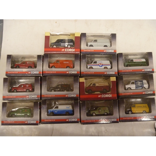 25 - 14 CORGI 1:76 SCALE RAILWAY LAYOUT MODELS MOSTLY FORD COMMERCIALS INCLUDING TRANSIT