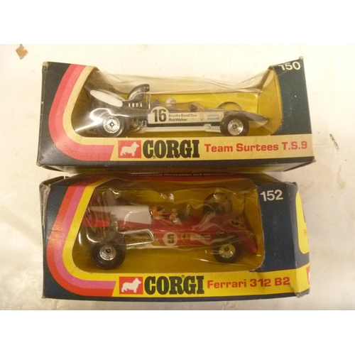 VINTAGE CORGI TOYS FORMULA ONE F1 CARS x2 TEAM SURTEES FERRARI 312 (ORIGINAL BOXES FAIR BUT SQUASHED, DIECAST VGC)