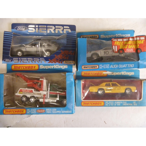 4 MATCHBOX SUPER KINGS PETERBILT WRECKER FORD SIERRA AUDI QUATTRO AND PLYMOUTH TAXI SOME BOXES SQUASHED AND 1 LACKS CARD INSERT