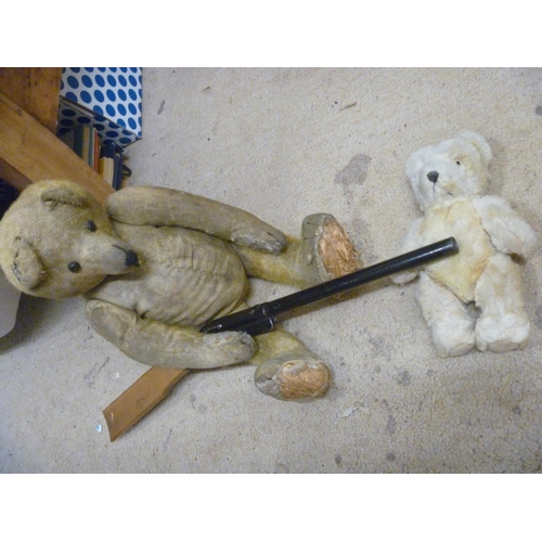 11 - 2 VINTAGE TEDDIES (1 STRAW FILLED) AND TOY RIFLE (FAULTY)