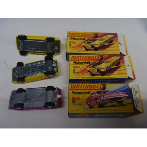 45 - 3 LESNEY MATCHBOX SUPERFAST MODELS (DIECAST VGC, BOXES ORIGINAL) FEATURING TWO MODEL RODS