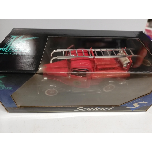 SOLIDO FORD POMPIERS LARGE SCALE FIRE SERVICE RELATED MODELS, (BOXES HAVE VARYING DEGREES OF SMOKE RESIDUE WHICH CAN MOSTLY BE CLEANED OFF WITH EASE USING WARM WATER, RANDOM INSPECTION SUGGESTS THAT CONTENTS ARE GENERALLY EXCELLENT UNUSED CONDITION AND UNAFFECTED BY THE RESIDUE)
