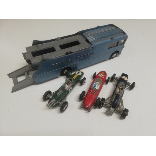 56 - CORGI TOYS MAJOR ECURIE ECOSSE RACING CAR TRANSPORTER + 3 CARS - SOME PAINT TOUCH INS OBSERVED OT TH... 