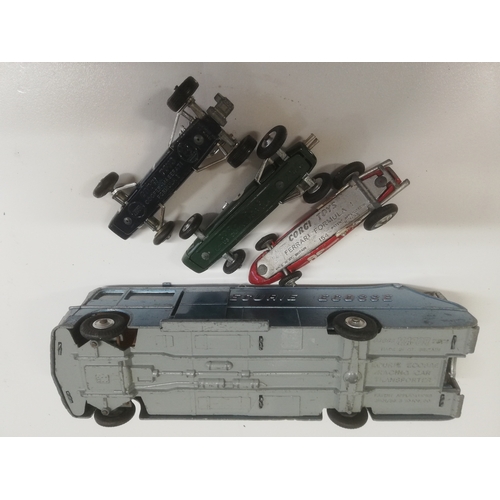 56 - CORGI TOYS MAJOR ECURIE ECOSSE RACING CAR TRANSPORTER + 3 CARS - SOME PAINT TOUCH INS OBSERVED OT TH... 