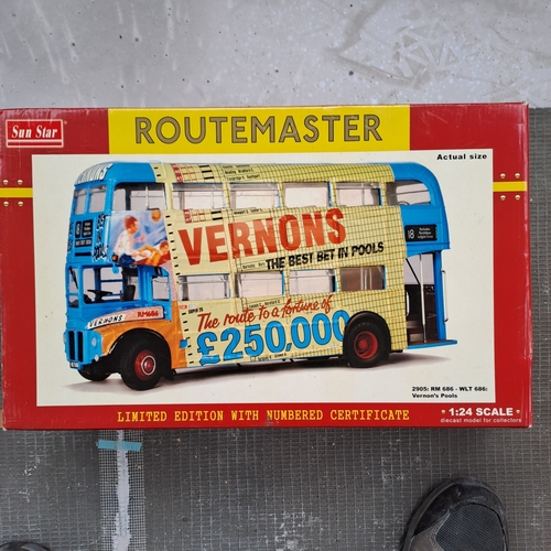 SUNSTAR LT ROUTEMASTER BUS VERNONS POOLS -MOST ACCESSORIES MISSING FROM PACKET - BOX LACKS ONE END FLAP