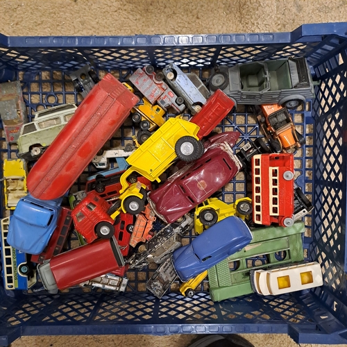 61 - TRAY OF PLAYWORN VINTAGE MODELS AND RESTORED EXAMPLES OF JOHICLO BUS ETC