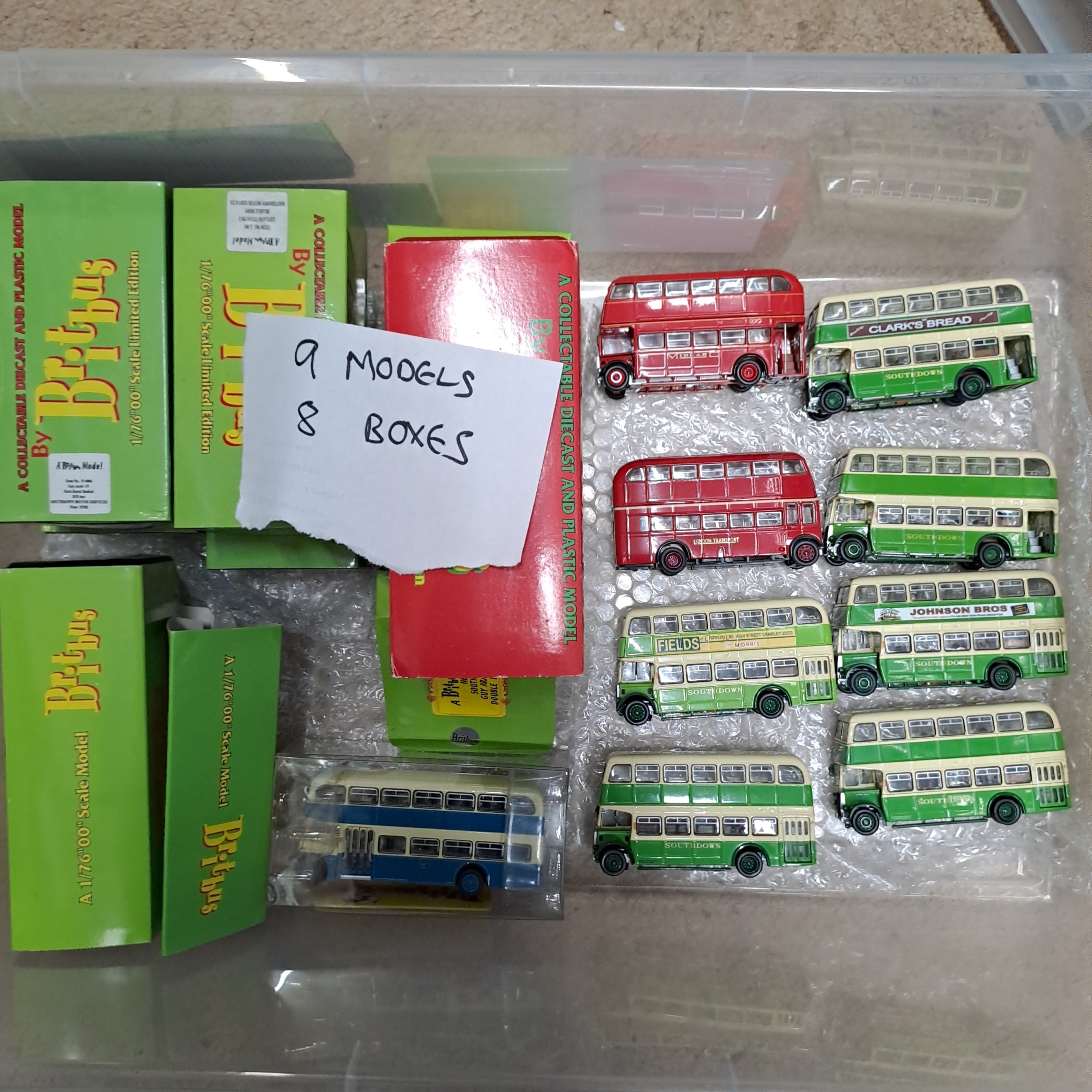 BRITBUS 9 MODELS TOGETHER WITH 8 ASSOCIATED BOXES
