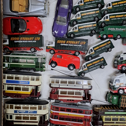 7 - TRAY OF UNBOXED CORGI CLASSICS TRAMS AND EDDIE STOBART VEHICLES