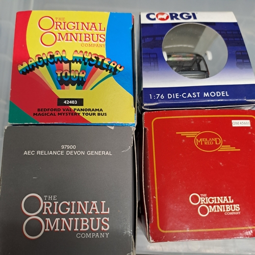 5 - 4 CORGI OOC ORIGINAL OMNIBUS BUS MODELS INCLUDING THE BEATLES MAGICAL MYSTERY TOUR