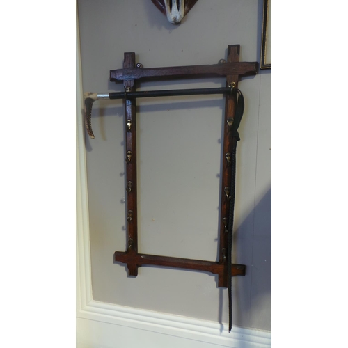 100 - Oak Wall Mounted  Stand with Riding Crop (sterling Silver and Ivory Handle)