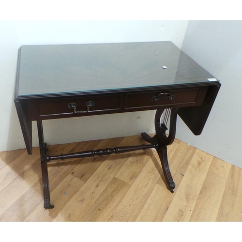 232 - Inlaid Mah Drop Leaf Sofa Table with glass top