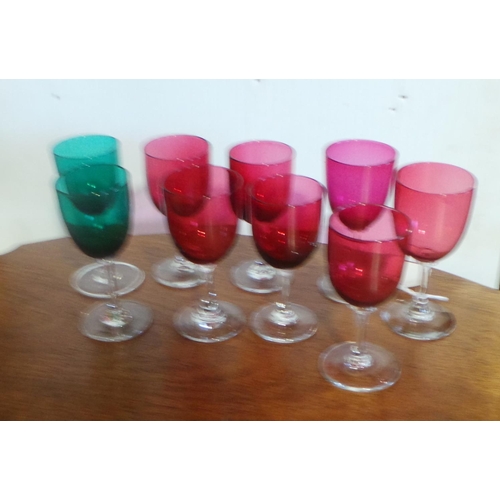 47 - 7 Cranberry Glass Wine Glasses, Pair Green Glass Sherry Glasses