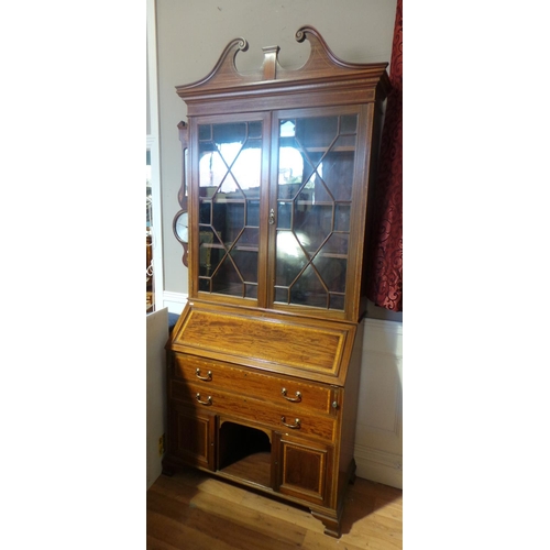 62 - Edwardian Inlaid Mah Bureau Bookcase, swam neck pediment over twin glazed astragal glass doors with ... 