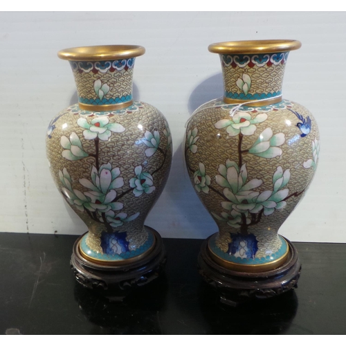 70 - Pair Cloisonne Ware Hand Painted Vases on Stand