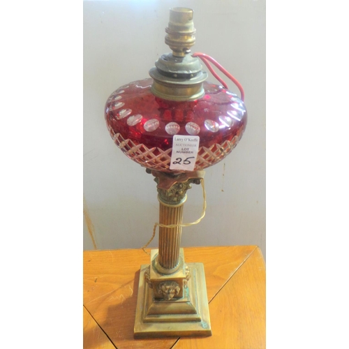 25 - Brass Table Lamp (Converted) with Cranberry Glass Reservoir