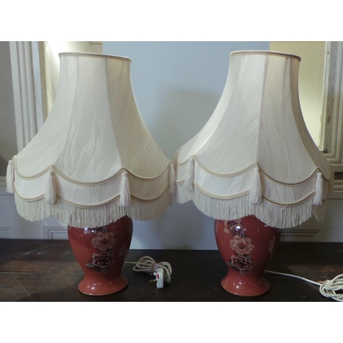 73 - Matching Pair of Denbigh Table Lamps, Floral Base, Cream Shades