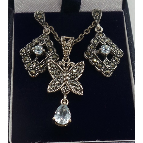 42 - Silver Topaz/Marcasite Suite including Ear Rings and Pendant