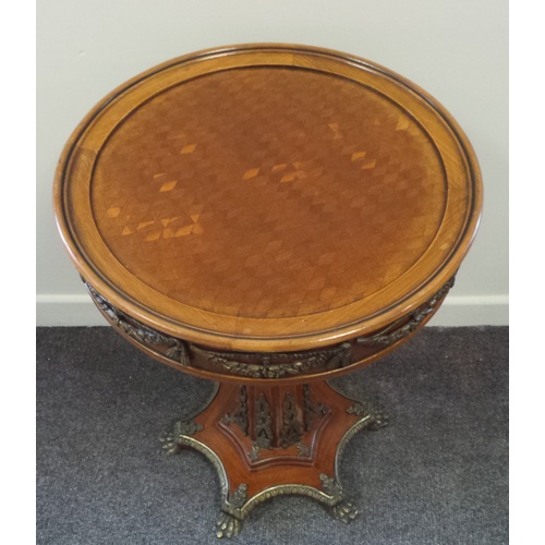 3 - Marquetry Topped French Style Circular Pedestal Table, 74cm high & 50cm Diameter