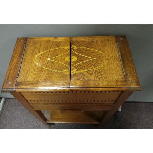 186 - Oak Sewing Work Box with inlay, 46cm long x 27cm deep x 38cm hign