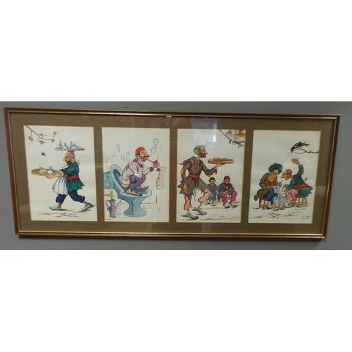 5 - Lot of 2x Framed Cartoon Watercolours, Collection of 4 - 96cm wide x 38x high. Collection of 3 - 76c... 