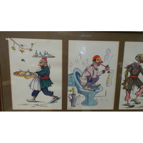 5 - Lot of 2x Framed Cartoon Watercolours, Collection of 4 - 96cm wide x 38x high. Collection of 3 - 76c... 