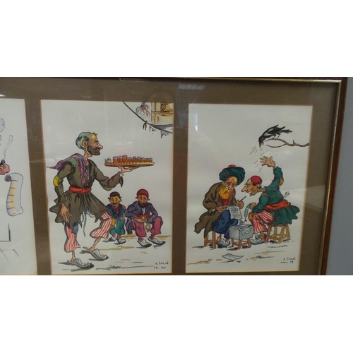 5 - Lot of 2x Framed Cartoon Watercolours, Collection of 4 - 96cm wide x 38x high. Collection of 3 - 76c... 