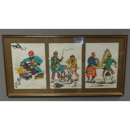 5 - Lot of 2x Framed Cartoon Watercolours, Collection of 4 - 96cm wide x 38x high. Collection of 3 - 76c... 