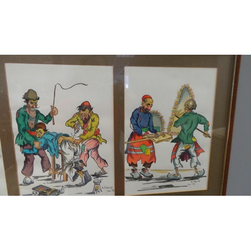 5 - Lot of 2x Framed Cartoon Watercolours, Collection of 4 - 96cm wide x 38x high. Collection of 3 - 76c... 