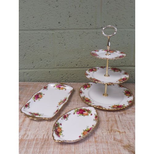 430 - Royal Albert Old Country Rose Cake Stand and 2 Plates