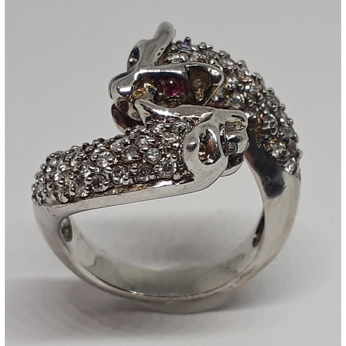 85 - Silver Cluster Ring, Leopard Heads.  Size: M