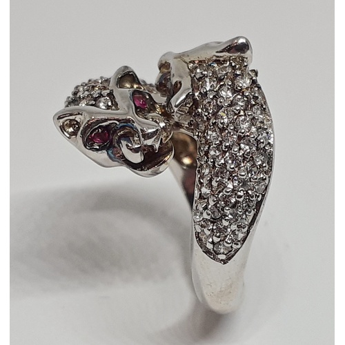 85 - Silver Cluster Ring, Leopard Heads.  Size: M