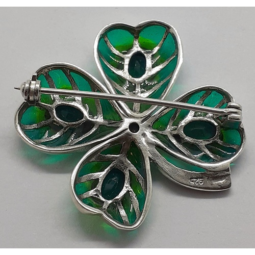 87 - Silver Enamel Pearl Set Brooch, Four-Leaf Clover.